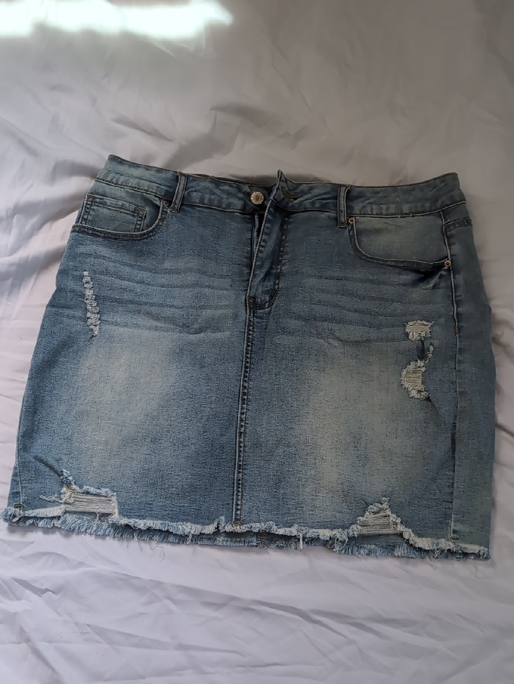 Distressed, Super Stretchy Light Blue Denim Skirt